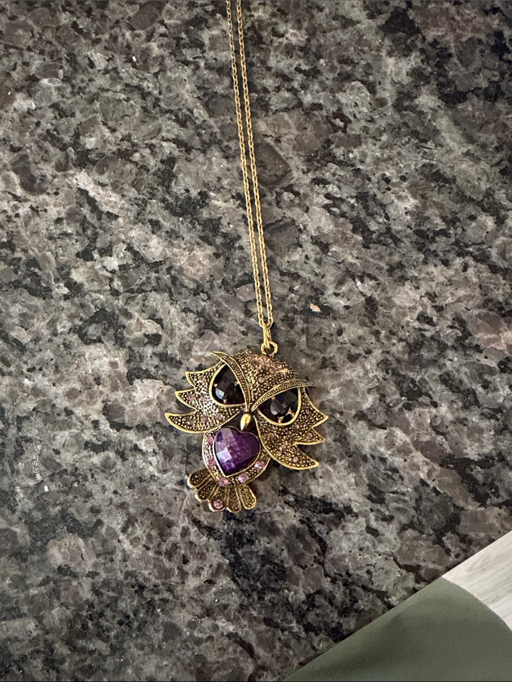 Gold-Tone Owl Pendant Necklace with Purple Gemstone